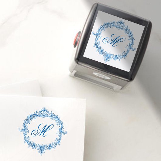 Elegant Vintage Blue Toile Monogram Wedding セルフインキングスタンプ