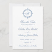 Elegant Vintage Blue Toile Monogram Wedding セーブザデート (正面)