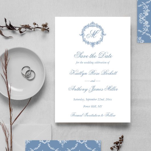 Elegant Vintage Blue Toile Monogram Wedding セーブザデート