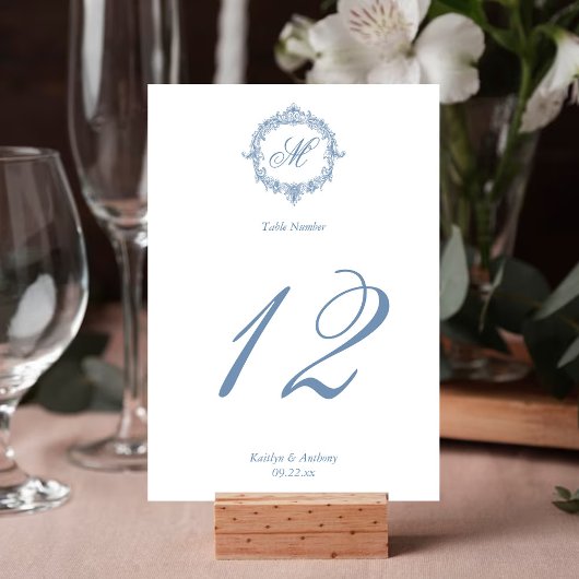 Elegant Vintage Blue Toile Monogram Wedding テーブルナンバー