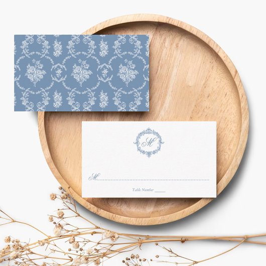 Elegant Vintage Blue Toile Monogram Wedding プレイスカード