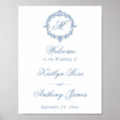 Elegant Vintage Blue Toile Monogram Wedding ポスター (正面)