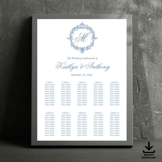 Elegant Vintage Blue Toile Monogram Wedding ポスター