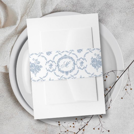 Elegant Vintage Blue Toile Monogram Wedding 招待状ベリーバンド