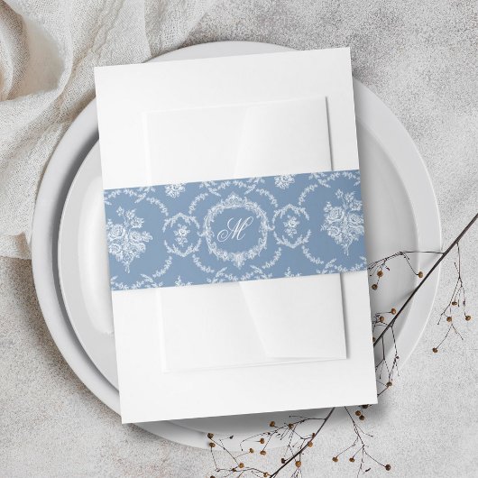 Elegant Vintage Blue Toile Monogram Wedding 招待状ベリーバンド