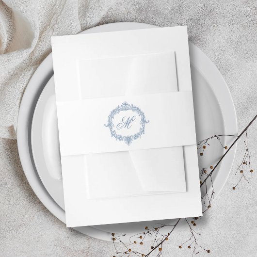 Elegant Vintage Blue Toile Monogram Wedding 招待状ベリーバンド