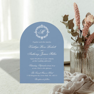 Elegant Vintage Blue Toile Monogram Wedding 招待状