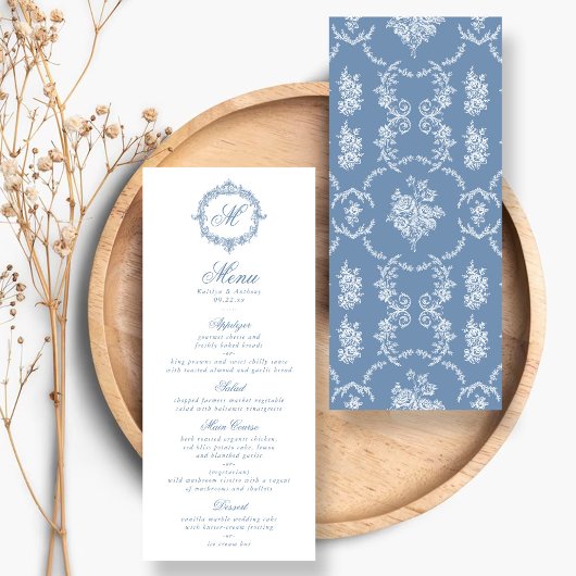 Elegant Vintage Blue Toile Monogram Wedding Menus メニュー