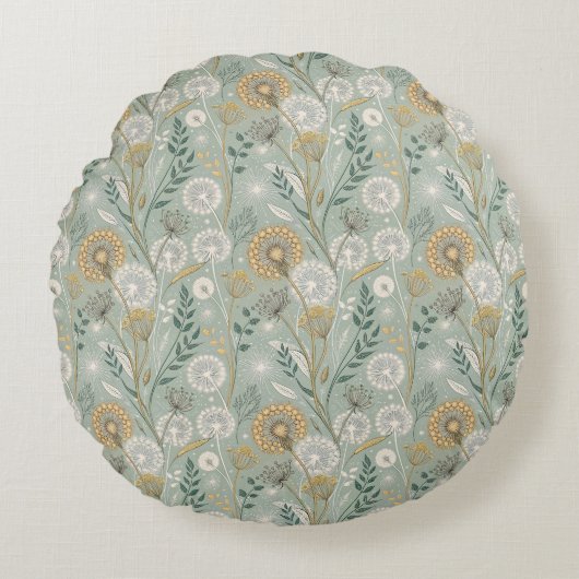 Elegant Vintage Botanical Dandelion ラウンドクッション (正面)
