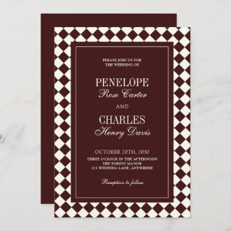 Elegant Vintage Burgundy Checkered Formal Wedding 招待状
