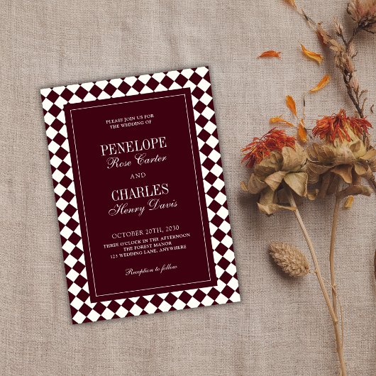 Elegant Vintage Burgundy Checkered Formal Wedding 招待状