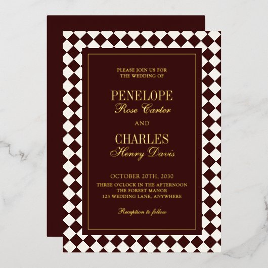 Elegant Vintage Burgundy Checkered Wedding Gold 箔招待状 (正面/裏面)