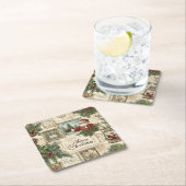 Elegant Vintage Christmas Florals & Santa スクエアペーパーコースター (インサイチュ)