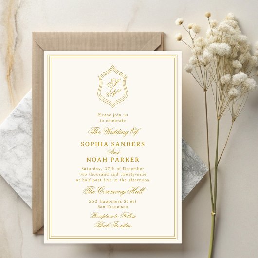 Elegant vintage classic gold monogram wedding 招待状
