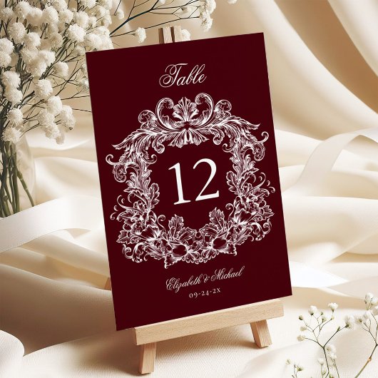 Elegant Vintage Crest Burgundy Wedding テーブルナンバー
