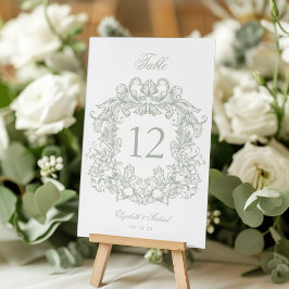 Elegant Vintage Crest Sage Green Wedding テーブルナンバー