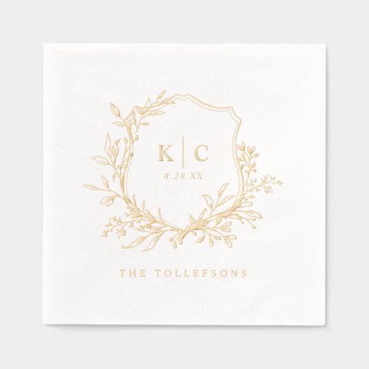 Elegant Vintage Crest Wedding Logo Gold 箔ナプキン (正面)