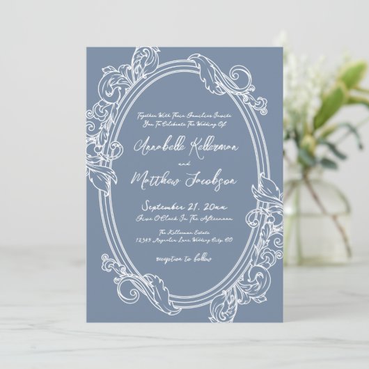 Elegant Vintage Dusty Blue Wedding 招待状 (スタンド正面)