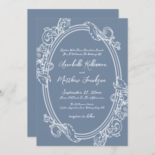 Elegant Vintage Dusty Blue Wedding 招待状 (正面/裏面)