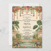 Elegant Vintage Floral Elephants Indian Wedding 招待状 (正面)