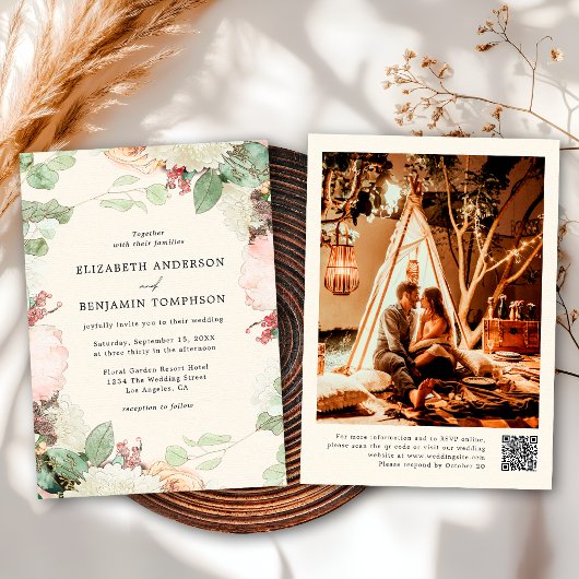 Elegant Vintage Floral Eucalyptus Roses Wedding 招待状