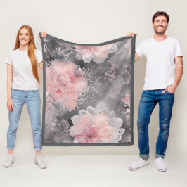 Elegant Vintage Floral Lace Pattern Pink and Grey フリースブランケット