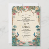Elegant Vintage Floral Peacock Indian Wedding 招待状 (正面)