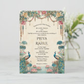 Elegant Vintage Floral Peacock Indian Wedding 招待状 (スタンド正面)