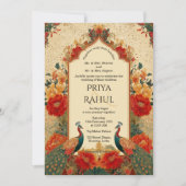 Elegant Vintage Floral Peacock Indian Wedding 招待状 (正面)