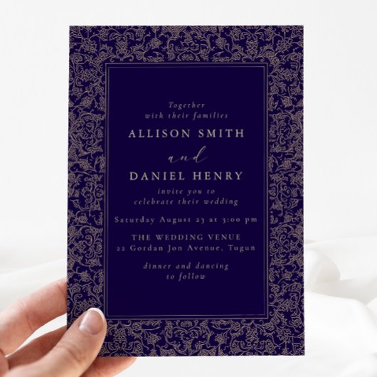 Elegant Vintage Frame Navy Wedding 招待状
