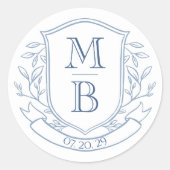 Elegant Vintage French Blue Crest Monogram Initial ラウンドシール (正面)