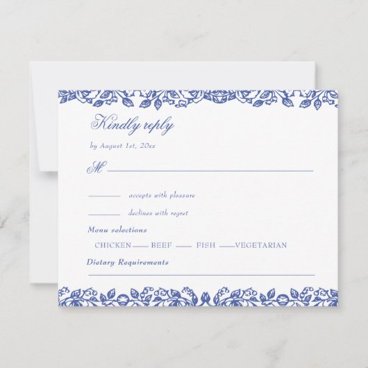 Elegant Vintage French Blue Floral Wedding 出欠カード (正面)