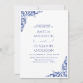Elegant Vintage French  Blue Floral Wedding  招待状 (正面)