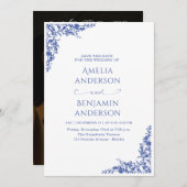 Elegant Vintage French  Blue Floral Wedding  招待状 (正面/裏面)