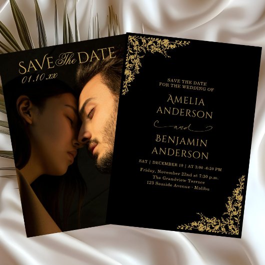 Elegant Vintage French  Gold Floral Wedding  招待状