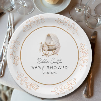 Elegant Vintage Gold Cradle Baby Shower ペーパープレート
