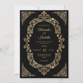 Elegant Vintage Gold Filigree Black Wedding 招待状 (正面)