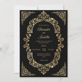 Elegant Vintage Gold Filigree Black Wedding 招待状