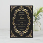 Elegant Vintage Gold Filigree Black Wedding 招待状 (スタンド正面)