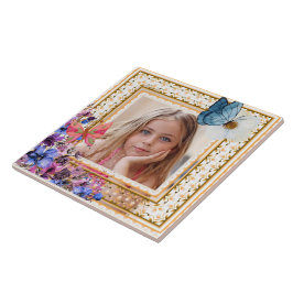 Elegant Vintage Gold Frame Mosaic Photo Keepsake T タイル