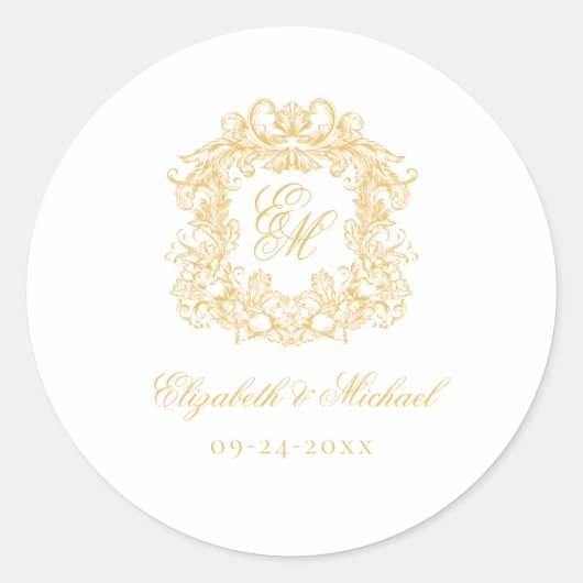 Elegant Vintage Gold Monogram Crest Wedding  ラウンドシール (正面)