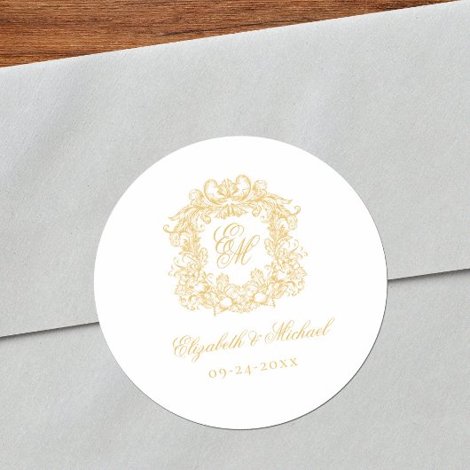 Elegant Vintage Gold Monogram Crest Wedding ラウンドシール