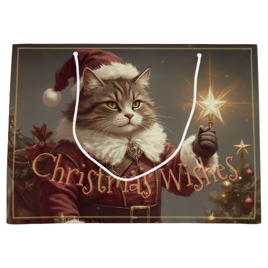 Elegant Vintage Holiday Cat ラージペーパーバッグ (正面)