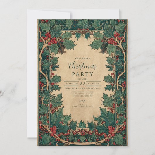 Elegant Vintage Holly Christmas Party 招待状 (正面)
