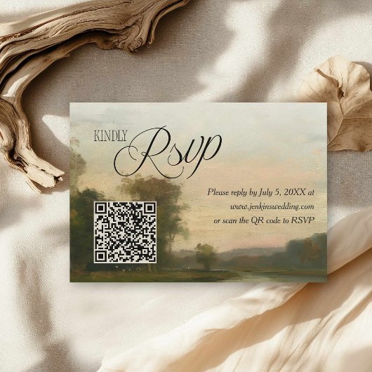 Elegant Vintage Landscape QR Code Wedding 出欠カード
