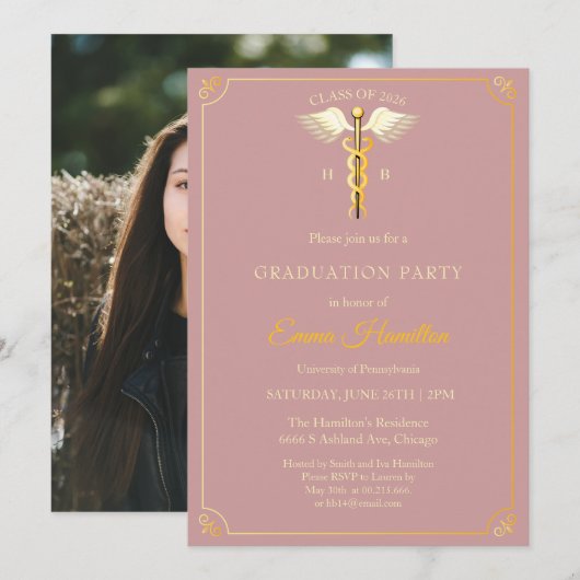 Elegant Vintage Medical Graduation Invitation | Du 招待状 (正面/裏面)