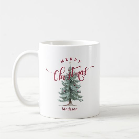 Elegant Vintage Merry Christmas Script Rustic Tree コーヒーマグカップ (左)
