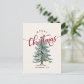 Elegant Vintage Merry Christmas Script Rustic Tree シーズンポストカード (スタンド正面)
