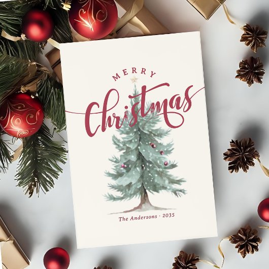 Elegant Vintage Merry Christmas Script Rustic Tree シーズンポストカード