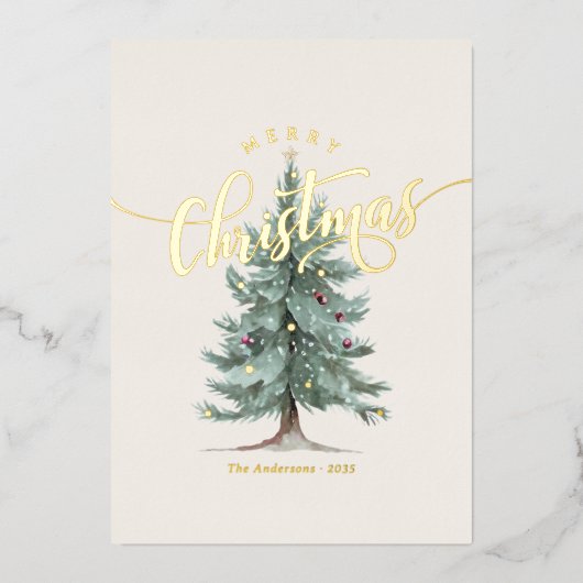 Elegant Vintage Merry Christmas Script Rustic Tree 箔シーズンカード (正面)